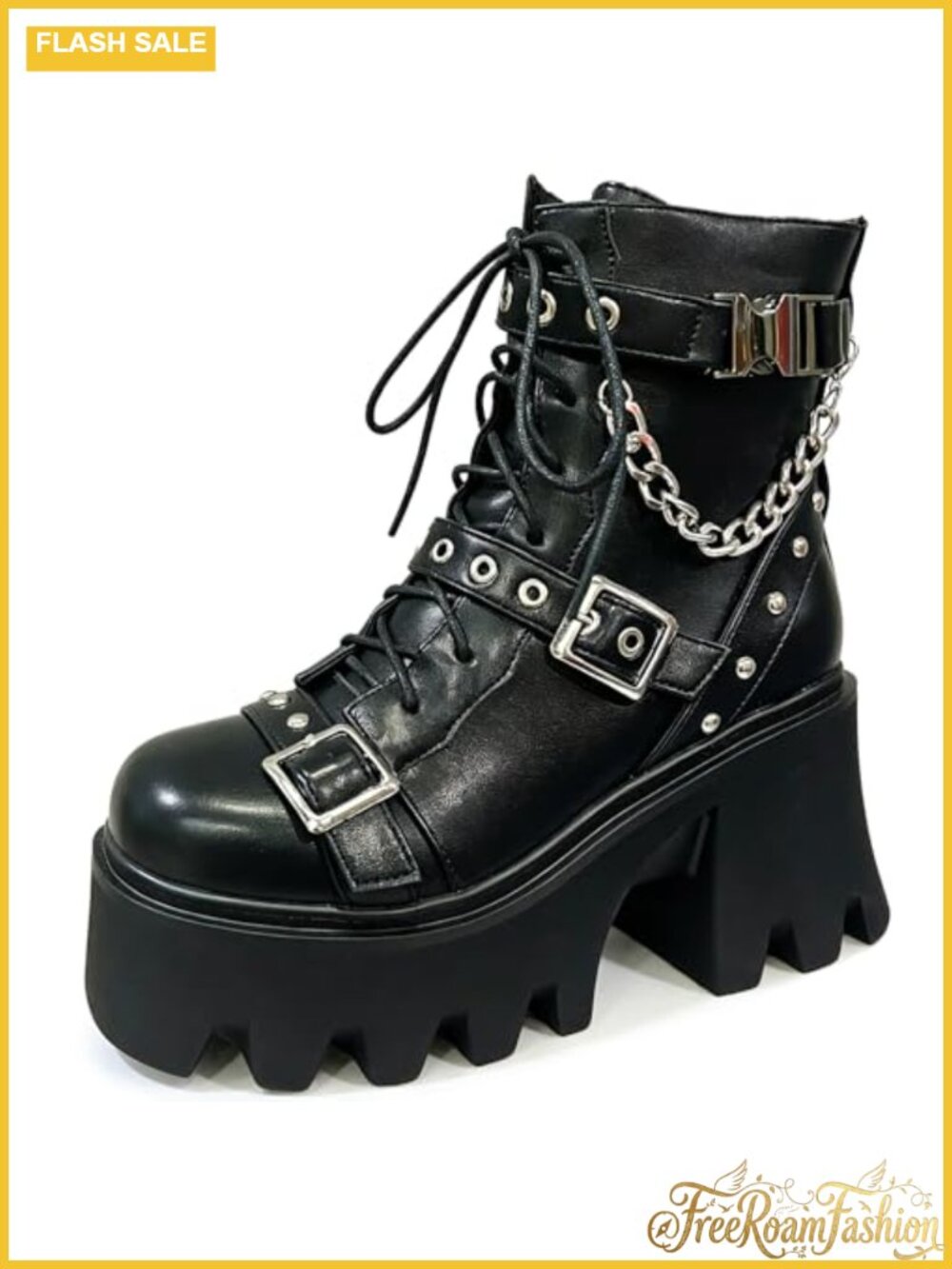 Platform Combat Boots Women Chunky Heel Motorcycle Boot PU Leather